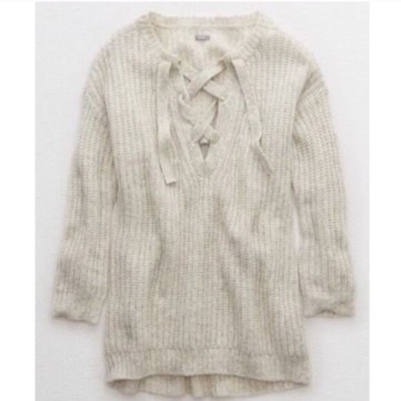 Aerie Oversized Lace-Up Pullover Sweater Tunic - Picture 2 of 13